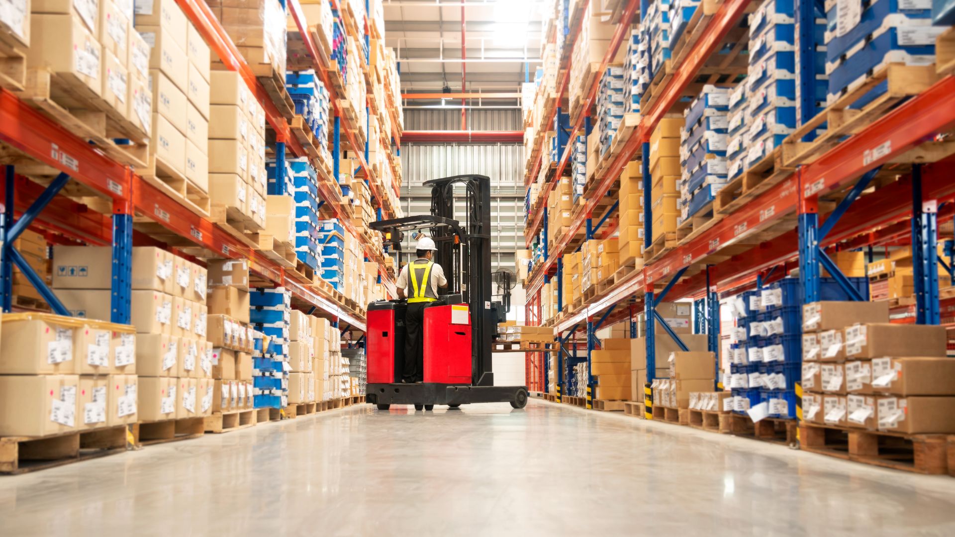 Warehouse aisle with tall shelves stacked with boxes and a worker operating a red forklift wearing a safety vest and helmet.