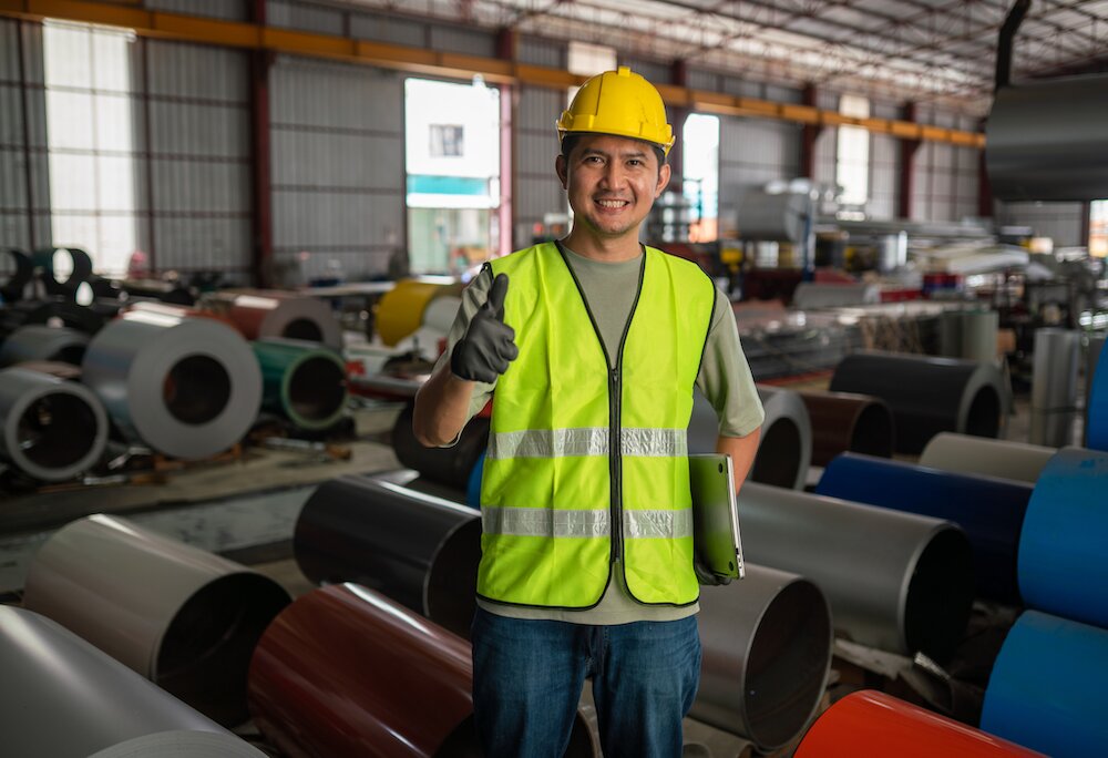 Manufacturing supervisor standing in a factory with metal materials and machinery, representing Singapore manufacturing operations.