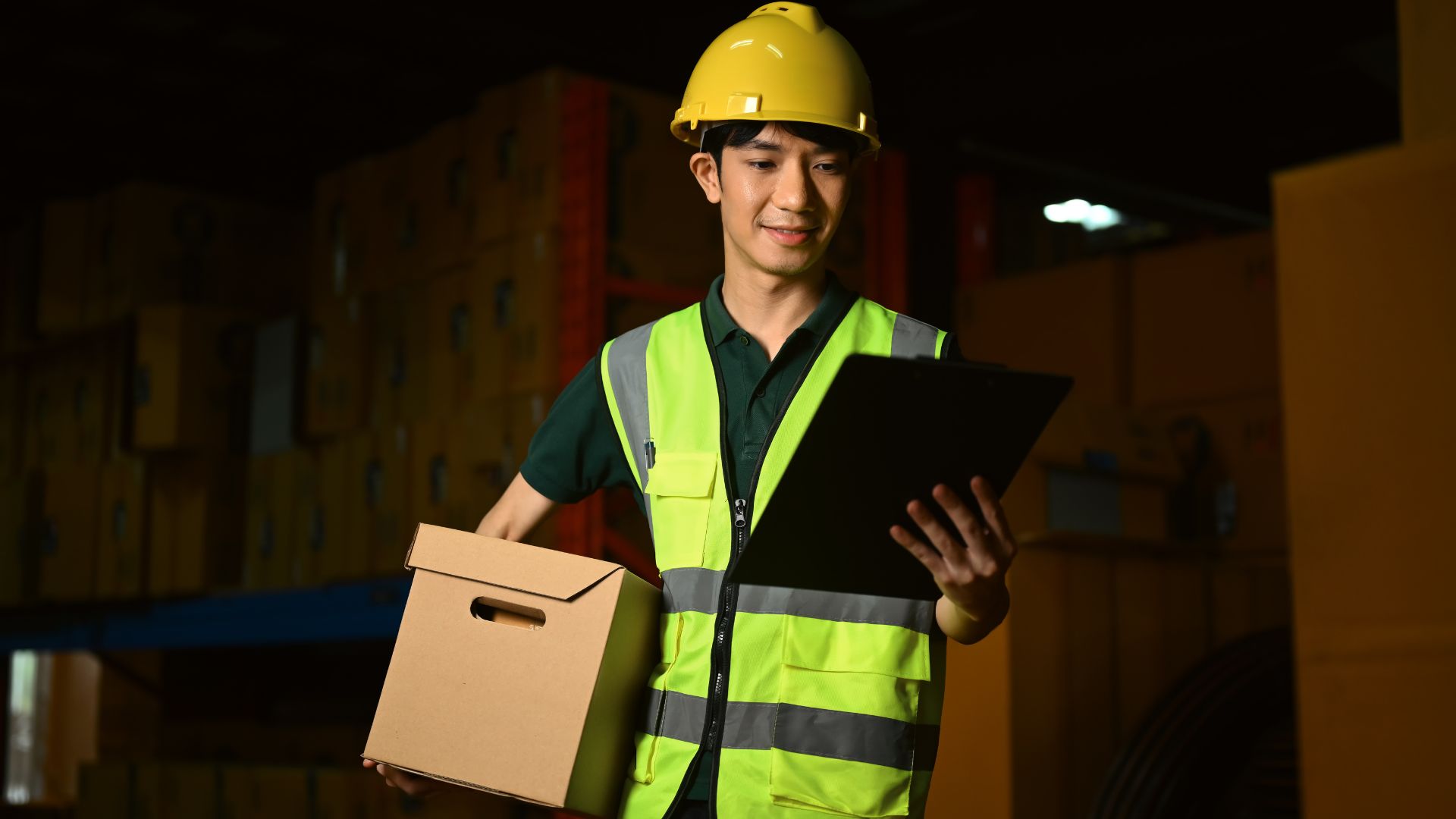 Male warehouse worker in a yellow hard hat and reflective vest carrying a box while checking a clipboard in a storage facility.